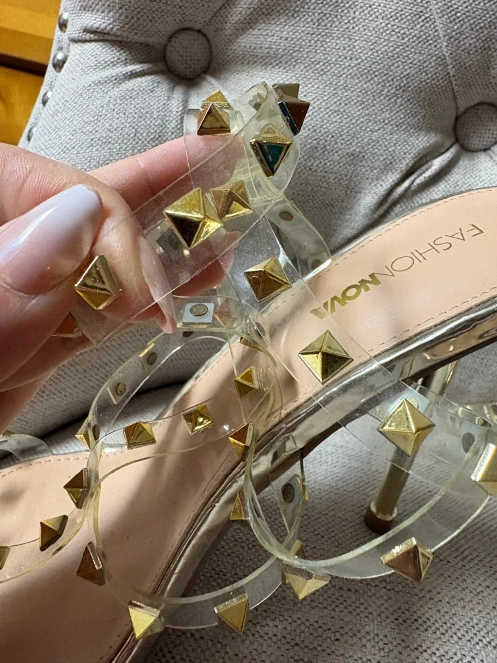 Fashion Nova clear/studded Women's Sandals in Nude/Gold